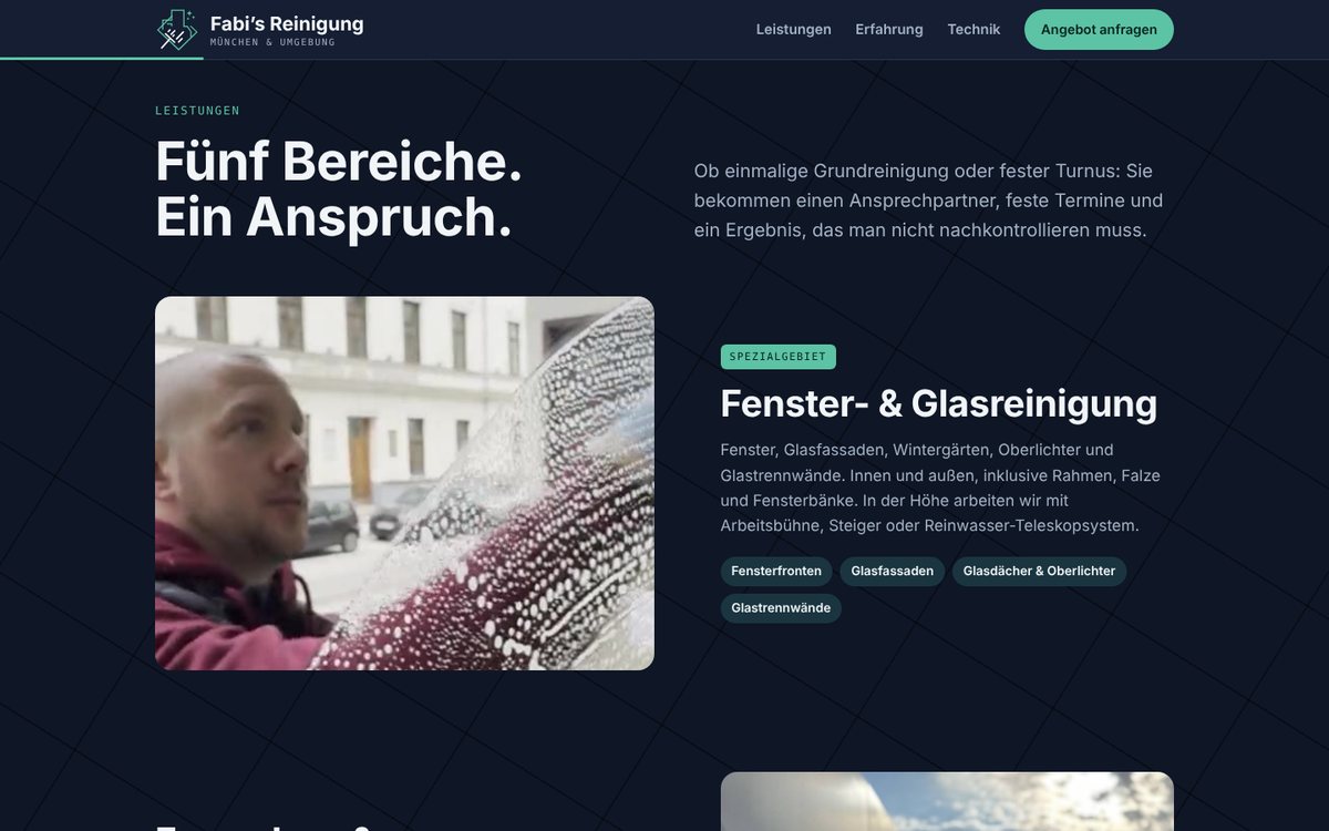 Leistungsbereich der Webseite von Fabi’s Reinigung mit Video aus dem Einsatz