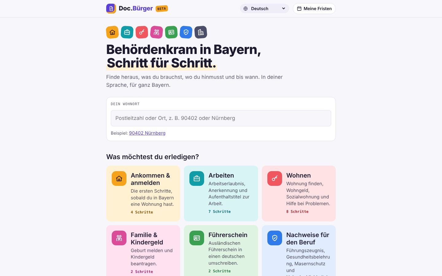 Startseite mit Wohnort-Suche und Themen